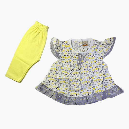 Yellow Floral Printed Frock Set (2 Pieces)