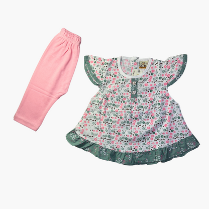 Pink Floral Printed Frock Set (2 Pieces)