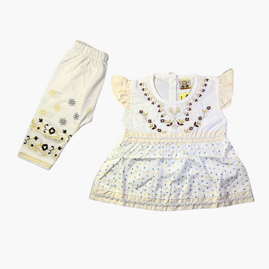 Floral Embroidered Frock Set - Yellow (2 Pieces)