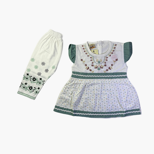 Floral Embroidered Frock Set - Green (2 Pieces)